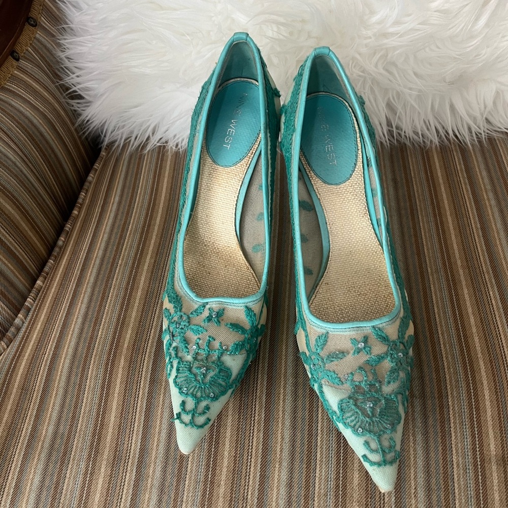 Elegant Teal Embroidered Women's Shoes